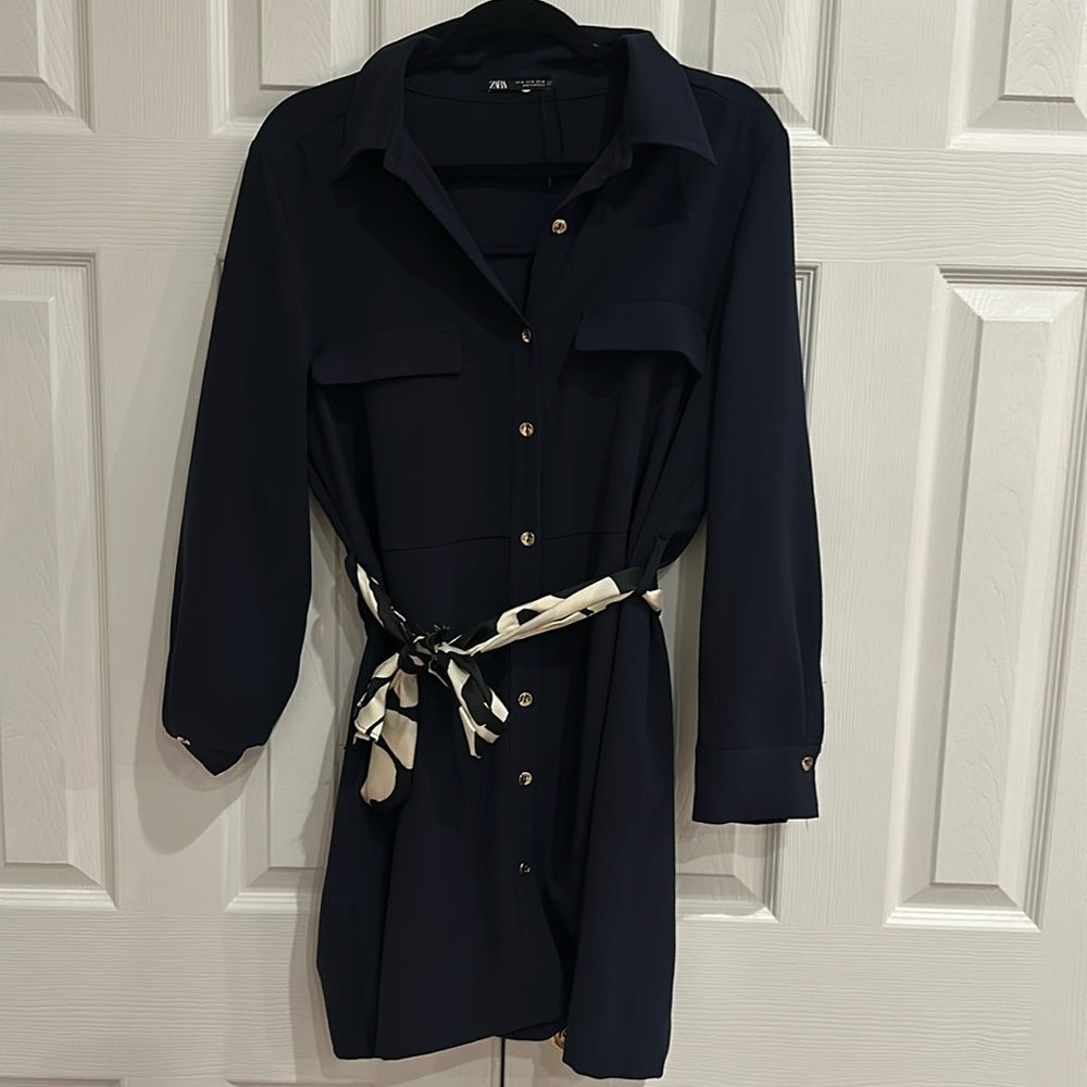 NWOT Zara Navy Blue Button Down Mini Dress